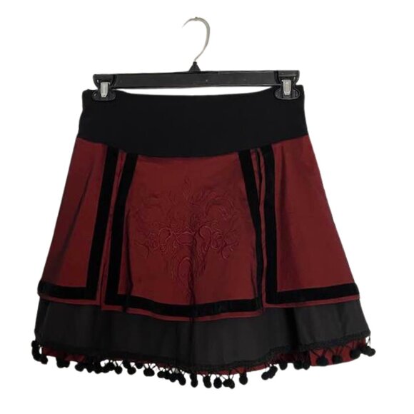 Picasso Renaissance Flare Skirt M | Multi-Layer Embroidered Ruffle Panel Maroon - Picture 4 of 12